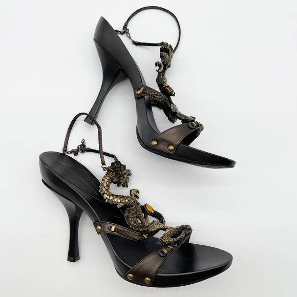 Giuseppe Zanotti Vicini Vintage Dragon Embellished Leather Heeled Sandals IT 36 - Picture 5 of 13